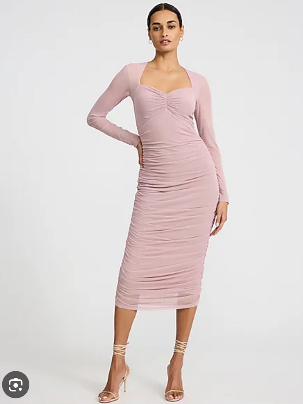 Express Long Sleeve Ruched Midi Dress in Blush Pink